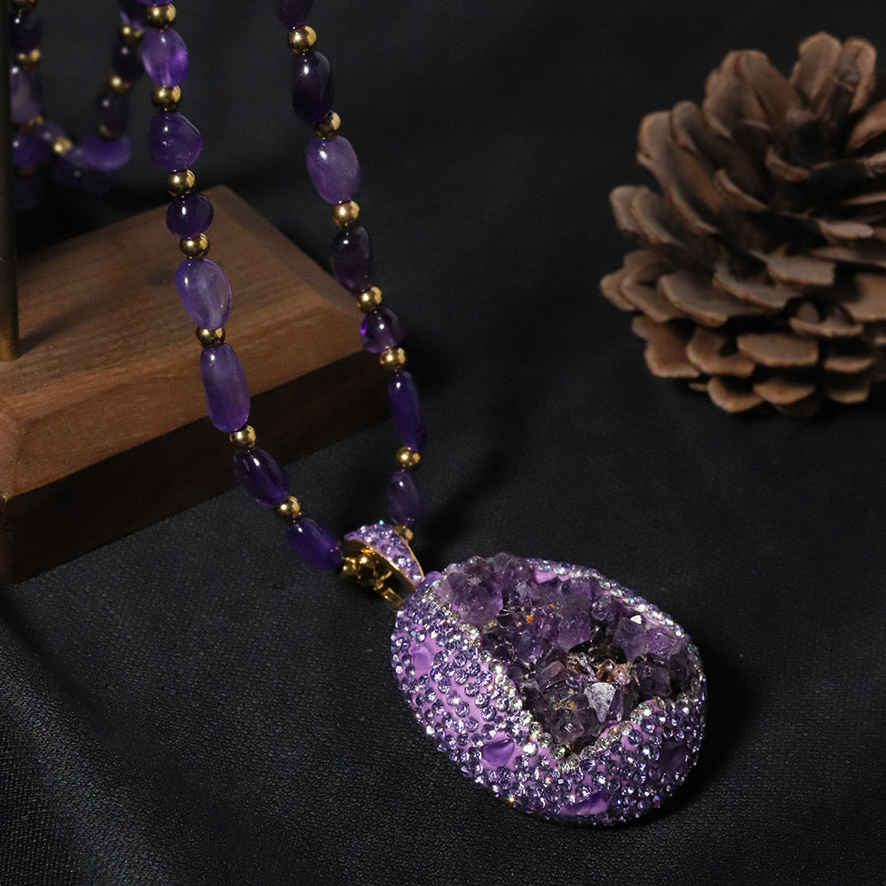 Natural Amethyst Geode Crystal Pendant Necklace