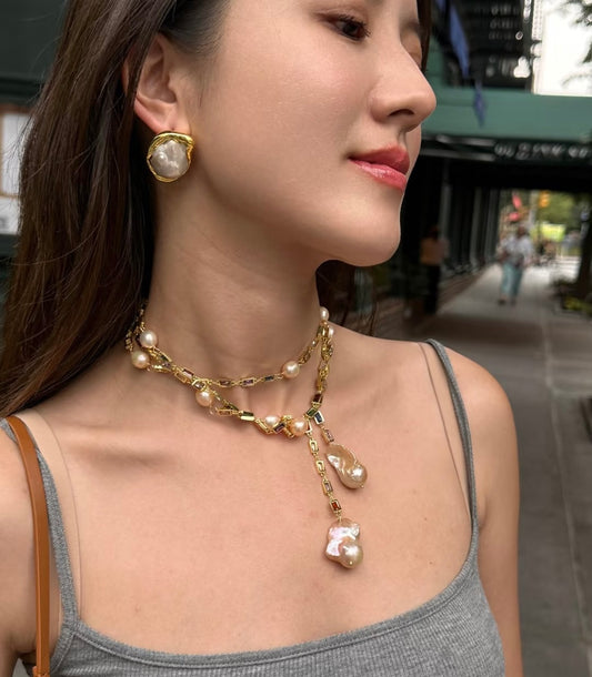 Convertible Baroque Pearl Gold Chain Choker Necklace – Multi-Way Layered Design, Elegant Statement Jewelry
