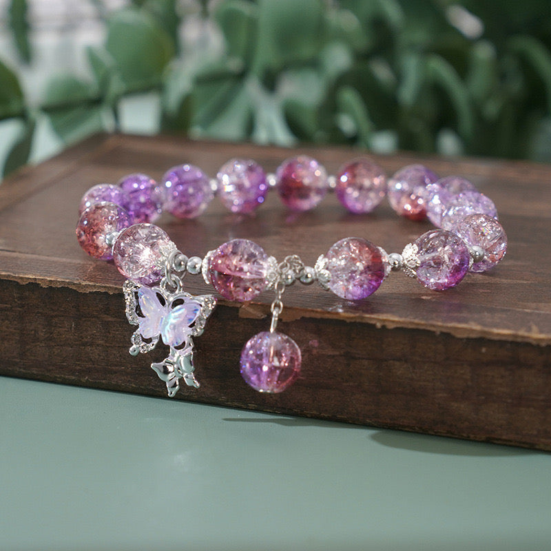 Handmade Crystal Beaded Bracelet with Butterfly Charm 2pcs