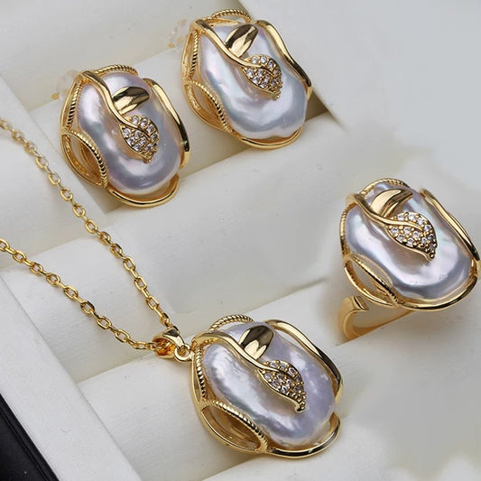 Elegant Baroque Pearl Jewelry Gift Set – Necklace, Earrings & Ring with Gold Leaf Design