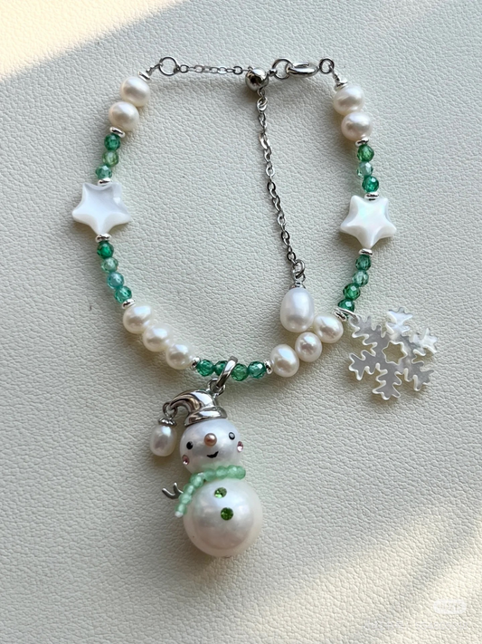 Festive Snowman Christmas Bracelet with Pearls and Snowflake Charm-handmade