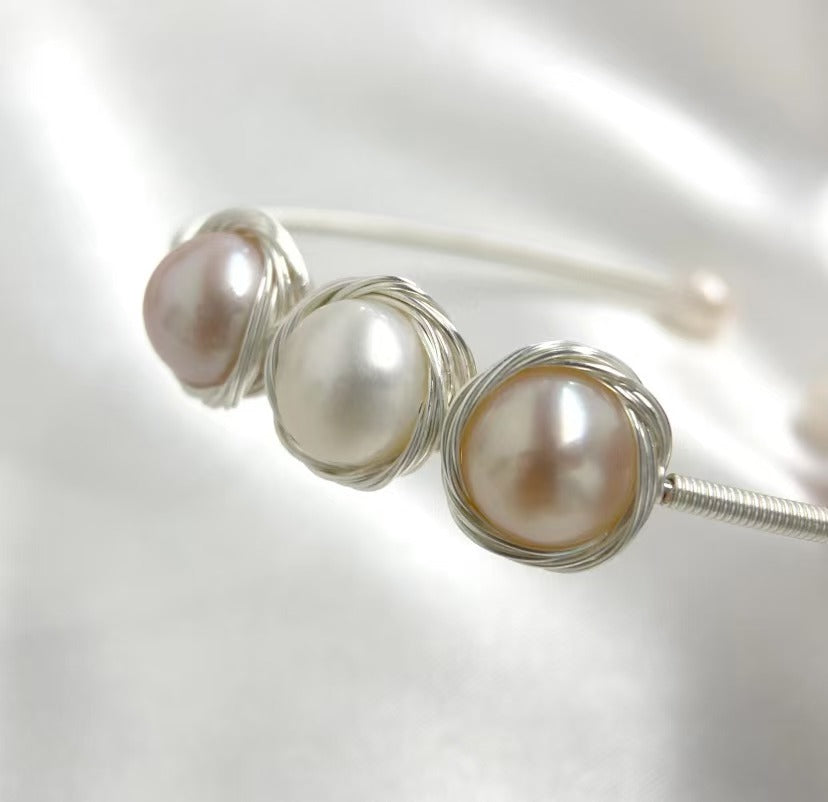 Sterling Silver Freshwater Pearl Cuff Bracelet – Adjustable Open Bangle with Triple Pearl Design