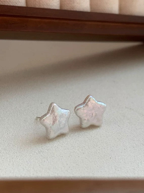 Handmade Star-Shaped Freshwater Pearl Stud Earrings – Unique Sterling Silver Setting