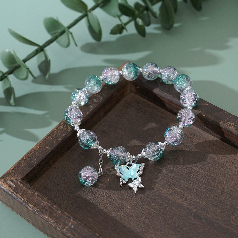 Handmade Crystal Beaded Bracelet with Butterfly Charm 2pcs