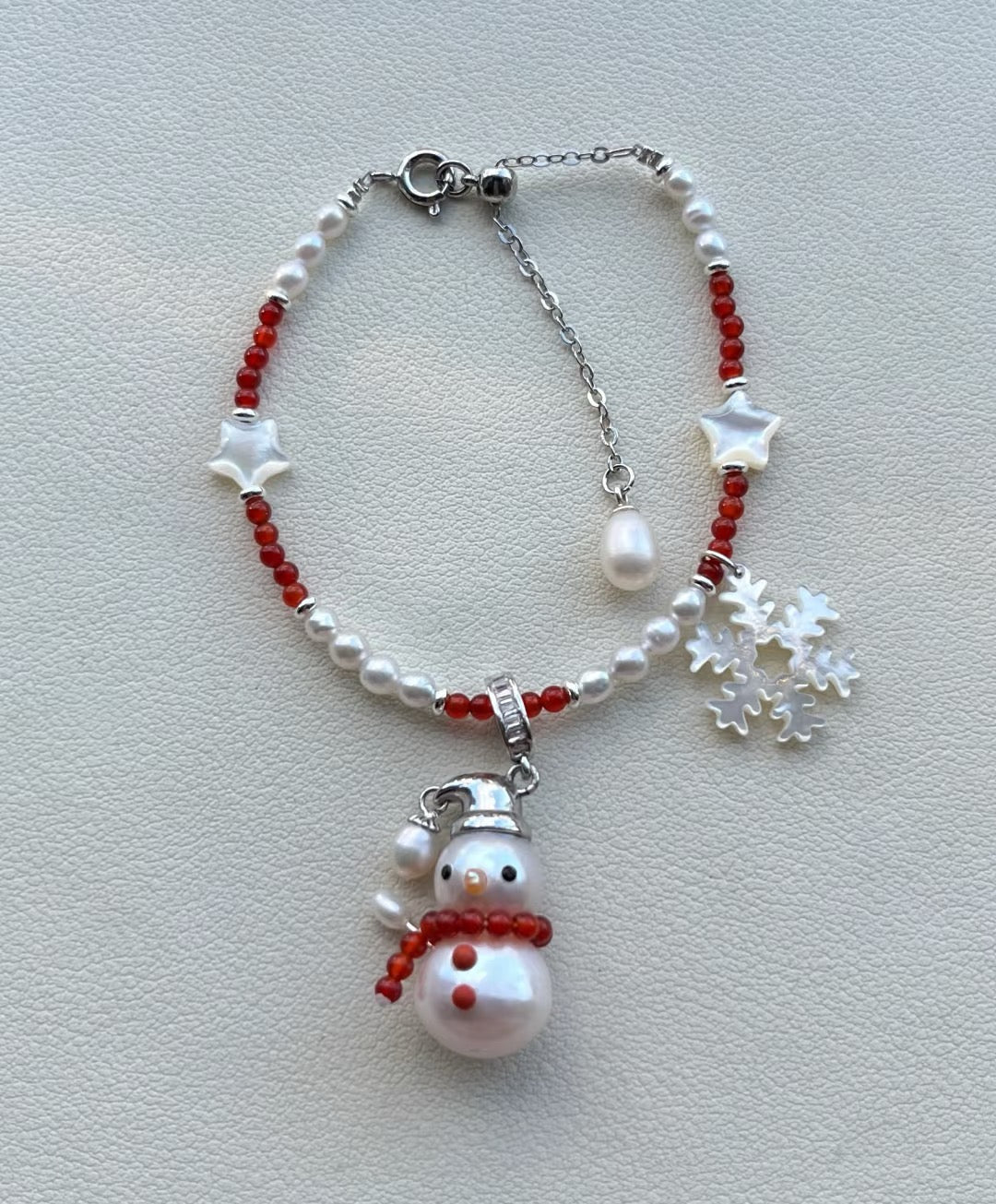 Festive Snowman Christmas Bracelet with Pearls and Snowflake Charm-handmade