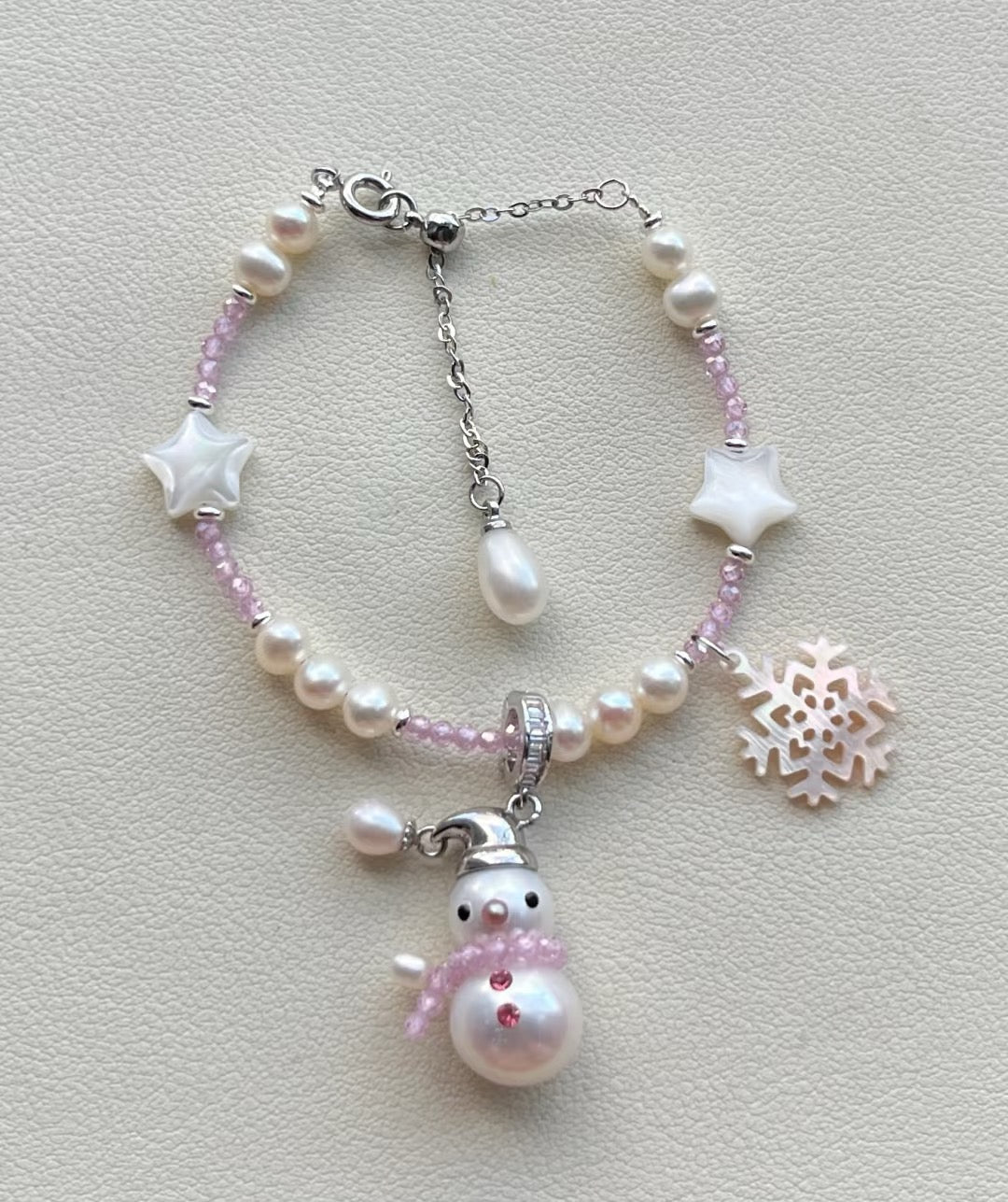 Festive Snowman Christmas Bracelet with Pearls and Snowflake Charm-handmade