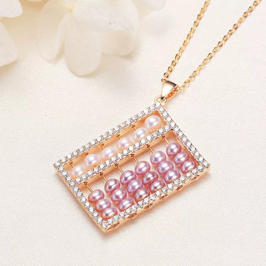 Pink Pearl Abacus Necklace – Gold-Plated Rectangle Pendant with Rhinestones