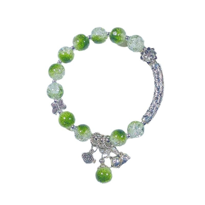 Multicolor Crystal Charm Bracelet – Green, Black, and Purple Beads with Silver Accents