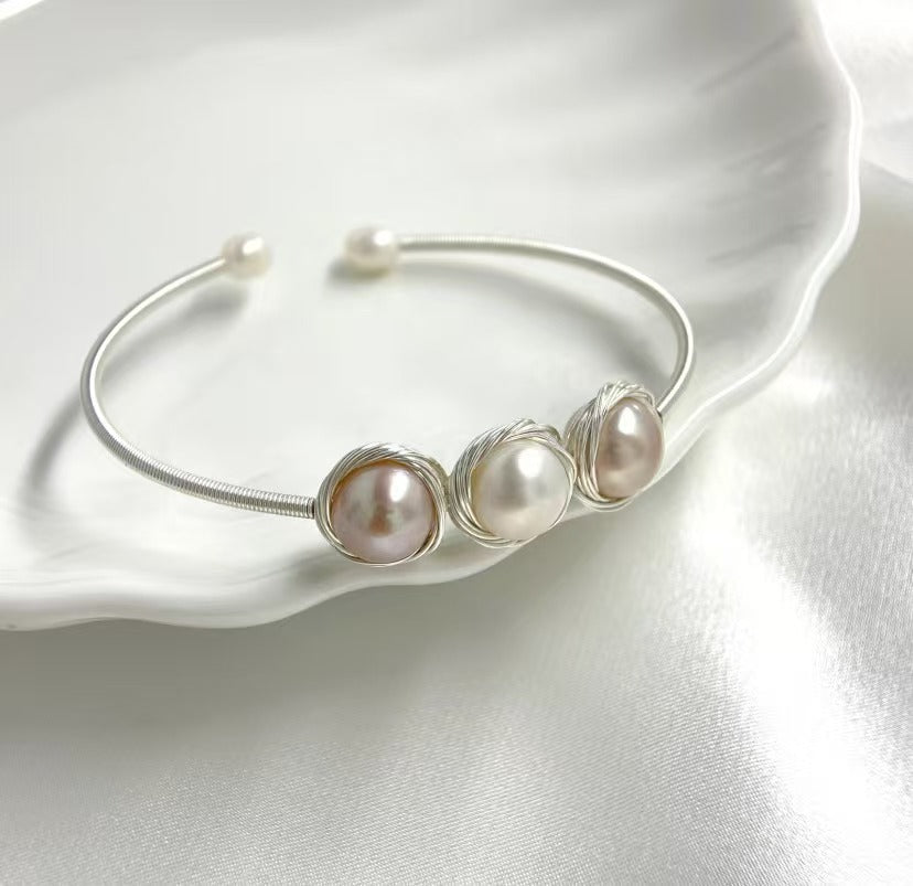 Sterling Silver Freshwater Pearl Cuff Bracelet – Adjustable Open Bangle with Triple Pearl Design